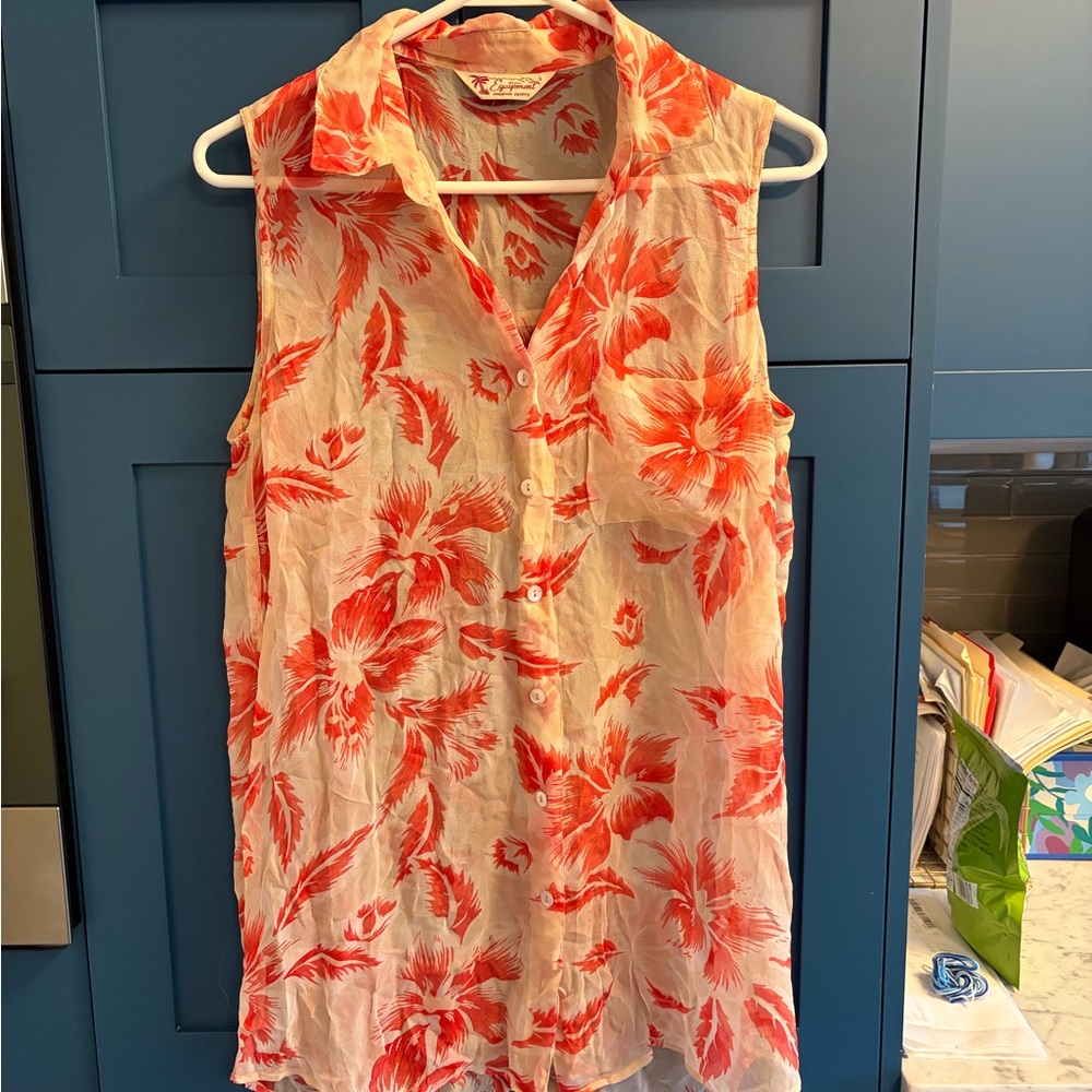 Equipment Sleeveless Floral Button-Front Blouse Coral Cream Pink Womens Small S